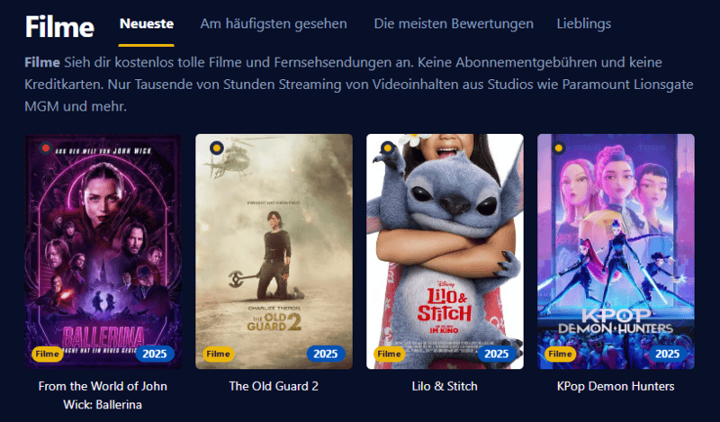 Bildschirmaufnahme der Benutzeroberfläche von Einschalten die eine zeitgemäße Streaming Plattform mit Spielfilmen und Serien darstellt